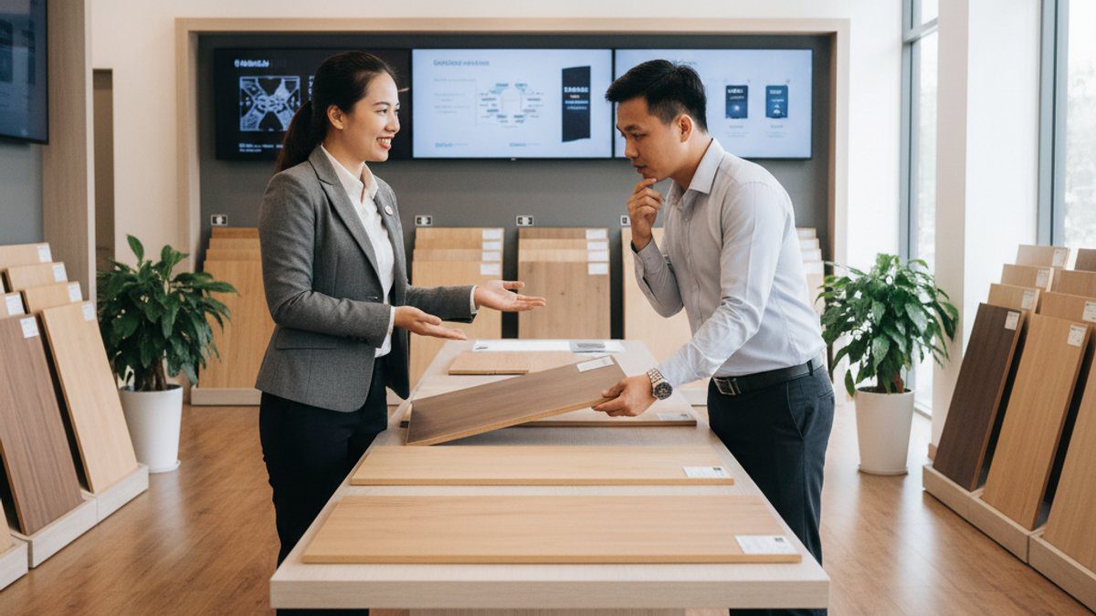 Nhân viên Vua Sàn Gỗ tư vấn khách hàng chọn sàn phù hợp
