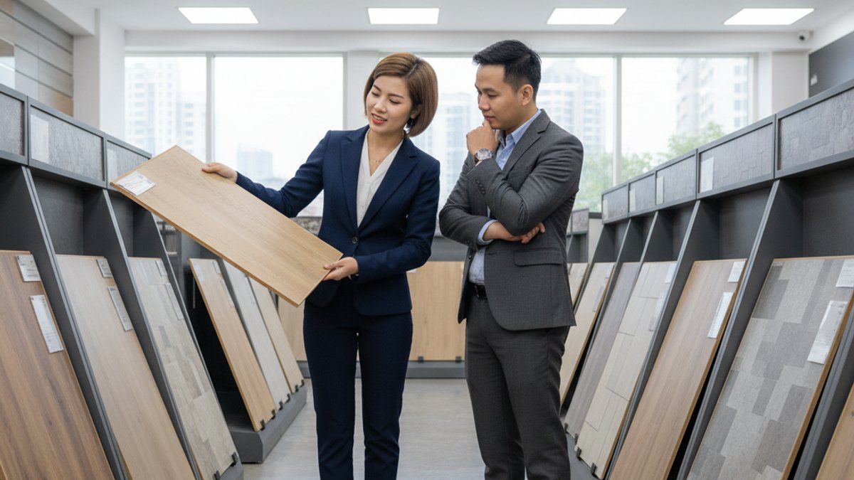 Khách hàng và nhân viên tư vấn sàn gỗ