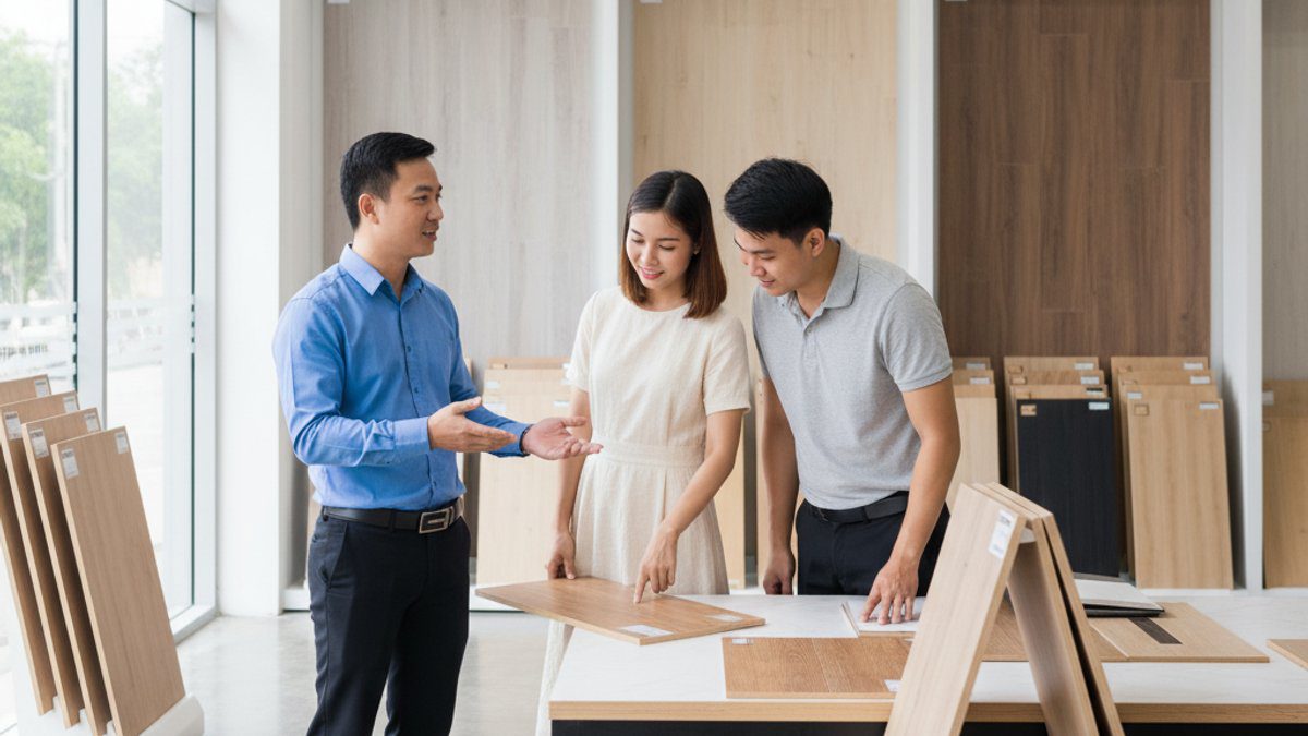 Tư vấn viên Vua Sàn Gỗ giới thiệu sàn chống trượt cho khách hàng