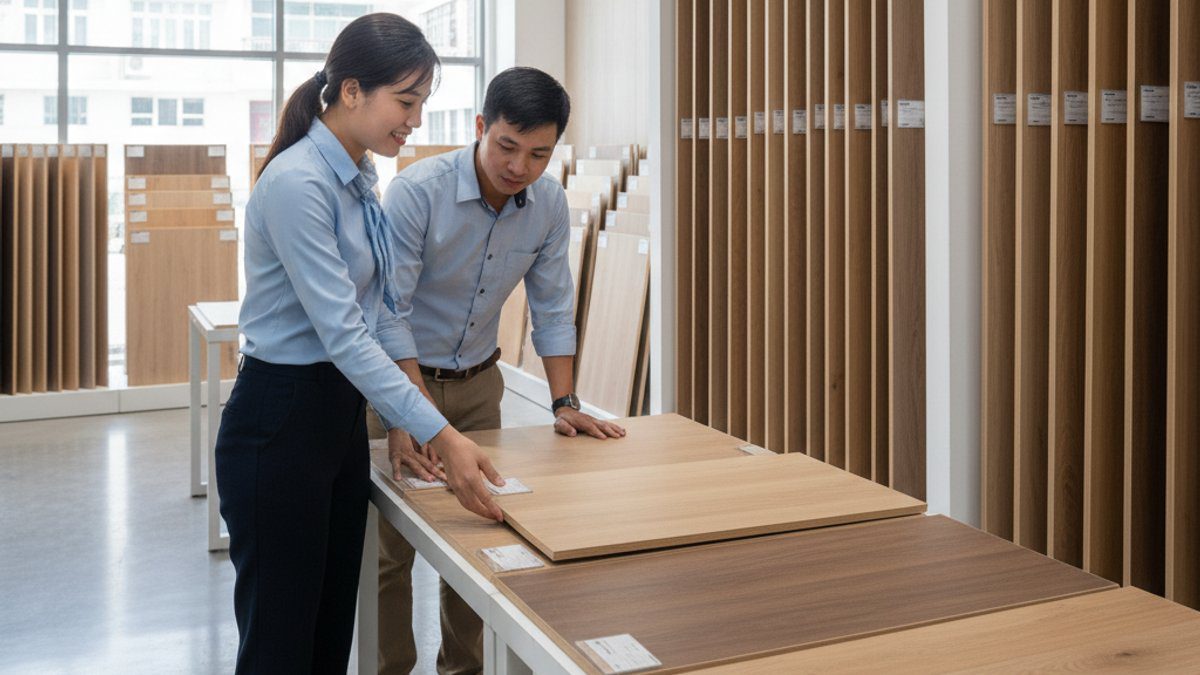 Nhân viên tư vấn sàn gỗ kỹ thuật cho khách hàng