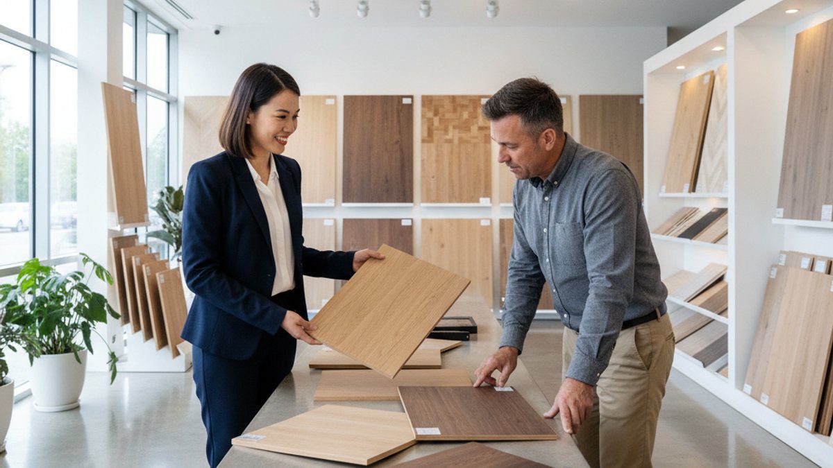 Nhân viên Vua Sàn Gỗ tư vấn khách hàng chọn sàn gỗ