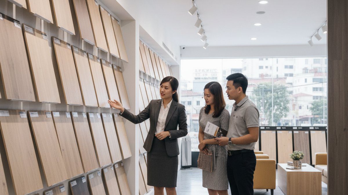 Tư vấn viên Vua Sàn Gỗ giới thiệu sàn SPC cho khách hàng