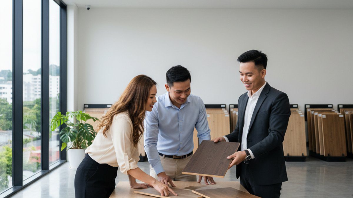 Nhân viên Vua Sàn Gỗ tư vấn sàn gỗ và sàn nhựa cho khách hàng