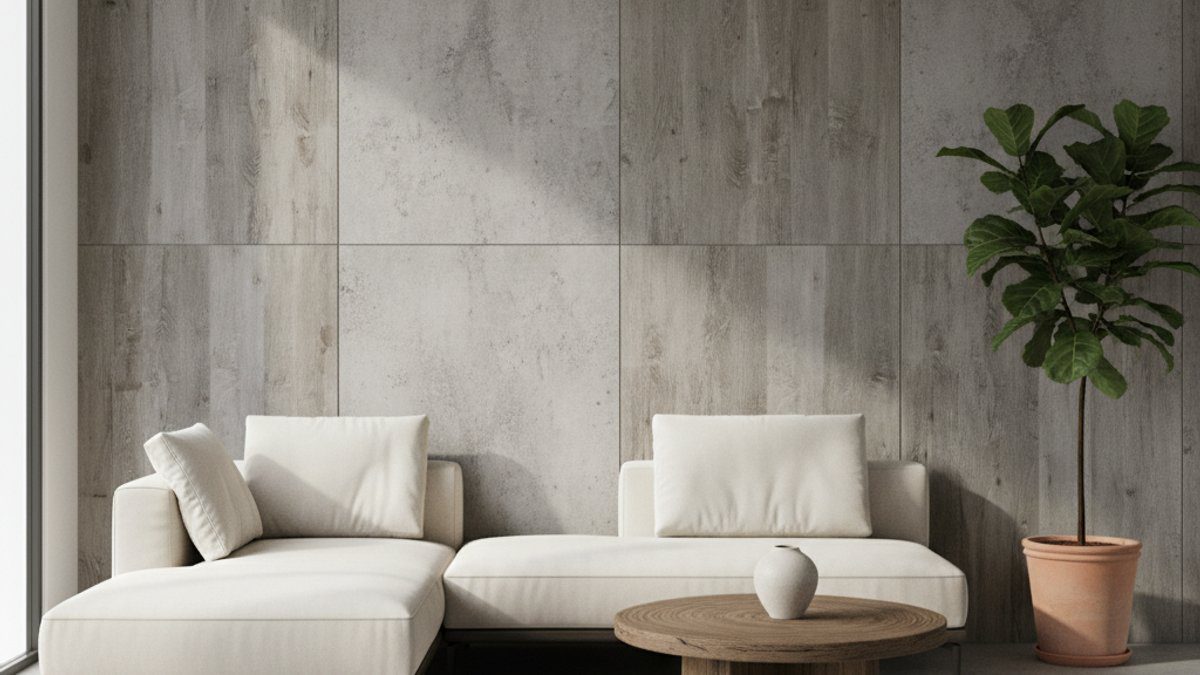 Phòng khách tối giản với tường ốp gỗ xi măng