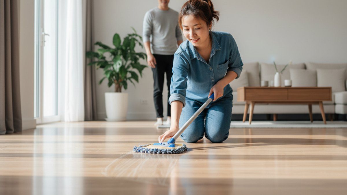 Người đang lau chùi sàn gỗ công nghiệp