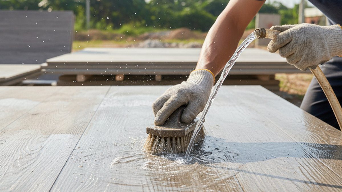 Người thợ vệ sinh bề mặt tấm gỗ xi măng