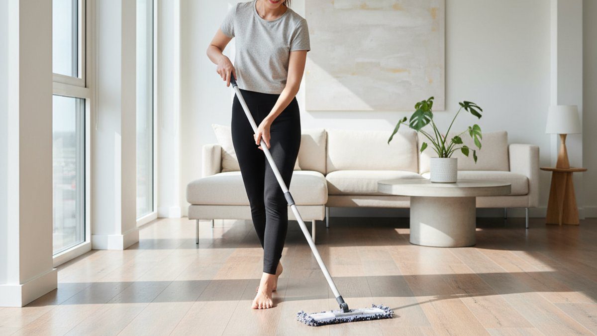 Người phụ nữ Việt Nam đang lau sàn gỗ công nghiệp bằng cây lau nhà