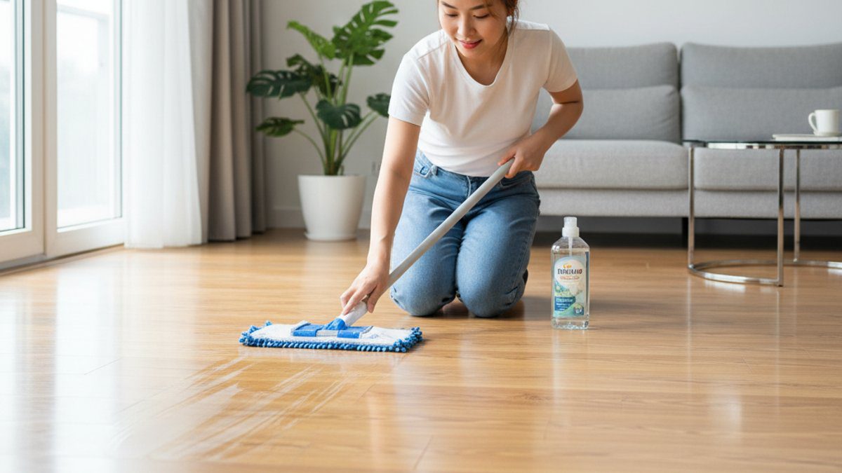 Người đang lau sàn gỗ bằng cây lau chuyên dụng