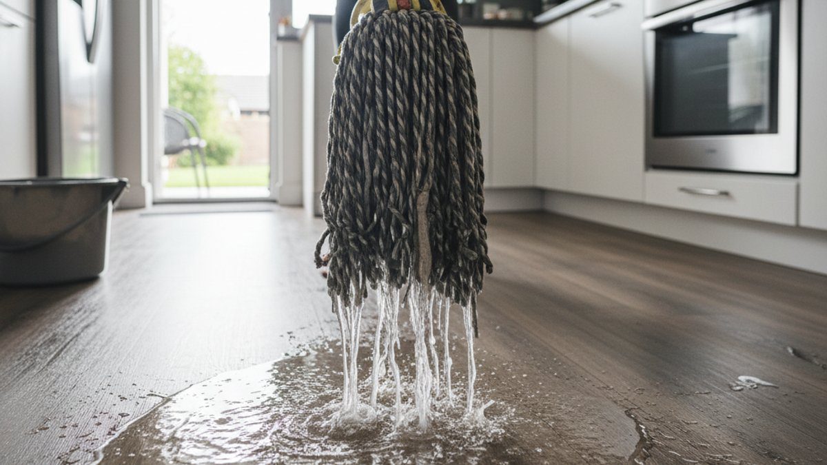 Dùng cây lau nhà quá ướt để vệ sinh sàn gỗ công nghiệp