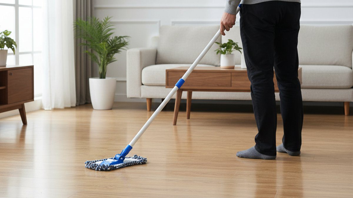 Người đang lau sàn gỗ bằng cây lau nhà