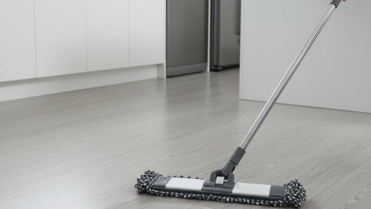 Người đang lau chùi vết bẩn trên sàn SPC