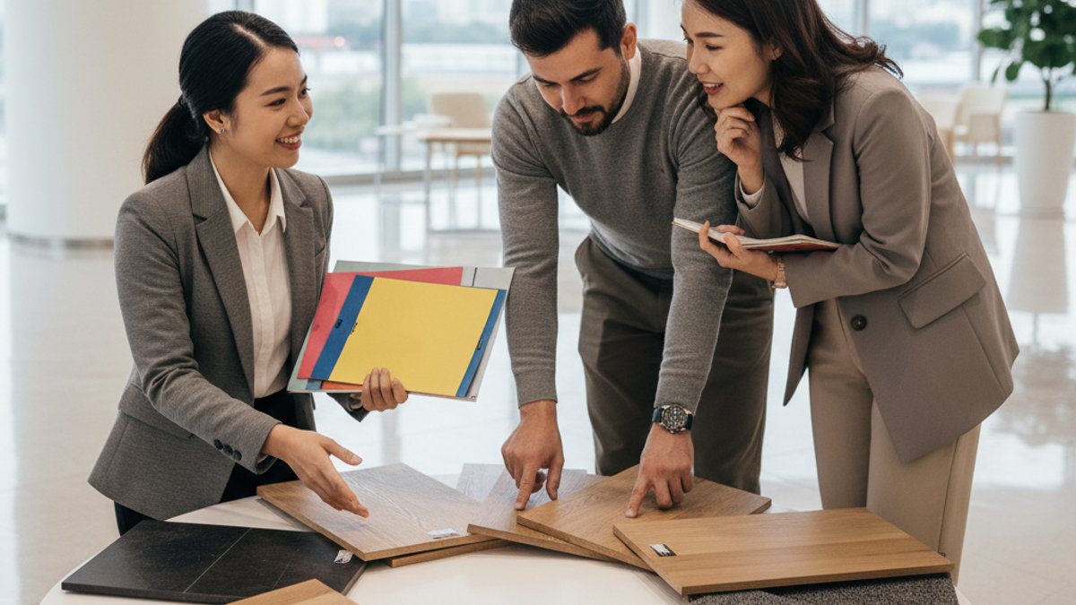 Nhân viên Vua Sàn Gỗ tư vấn khách hàng về sàn nhà