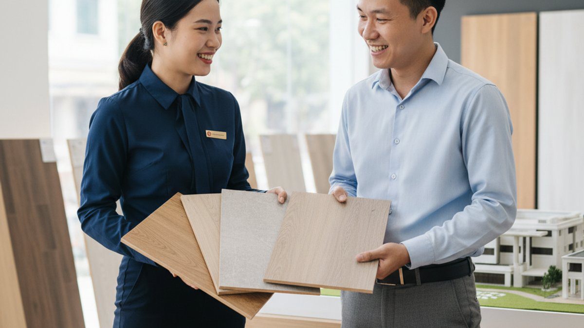 Nhân viên Vua Sàn Gỗ tư vấn sàn nhựa SPC