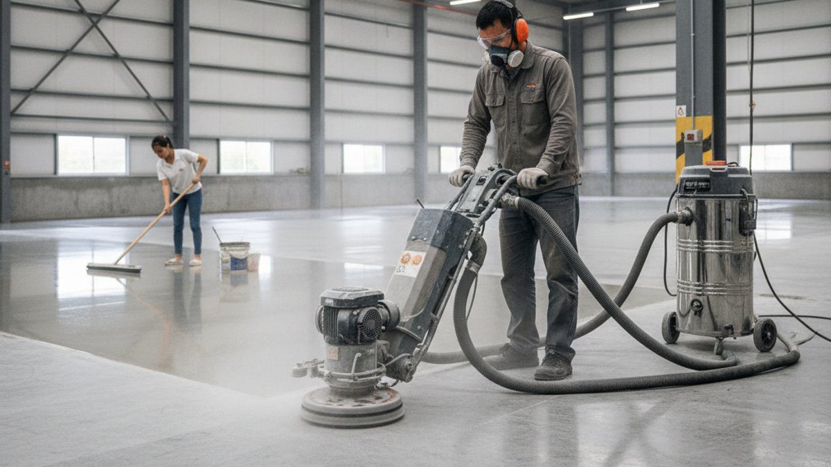 Thợ thi công làm phẳng bề mặt nền nhà