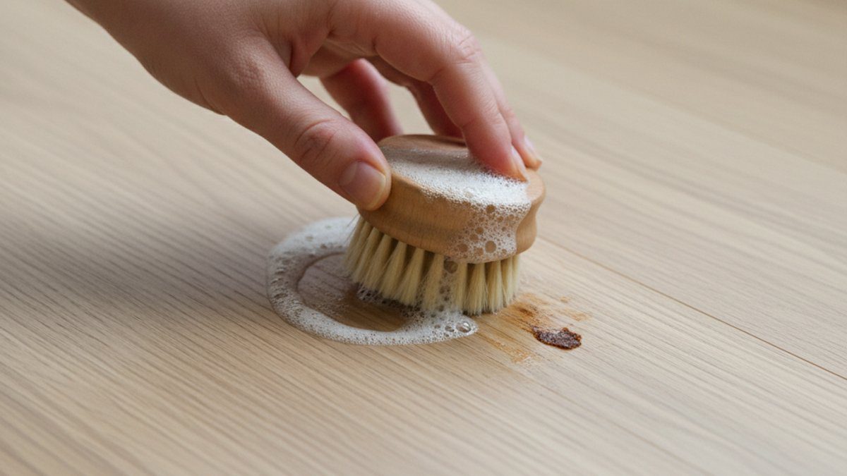 Người đang làm sạch vết bẩn cứng đầu trên sàn gỗ