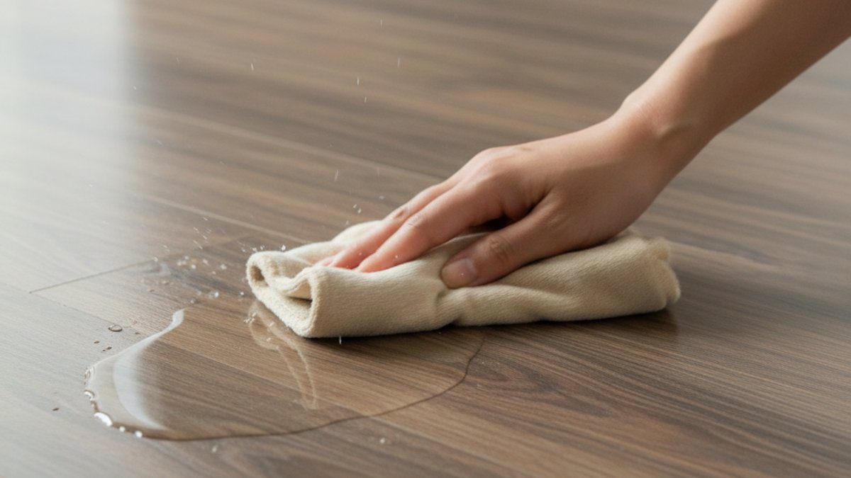 Bàn tay lau vết nước đổ trên sàn nhựa