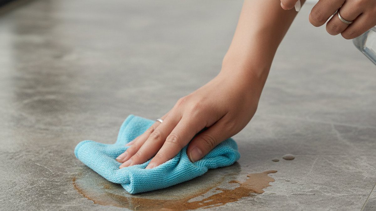 Tay đang lau vết bẩn cứng đầu trên sàn nhựa