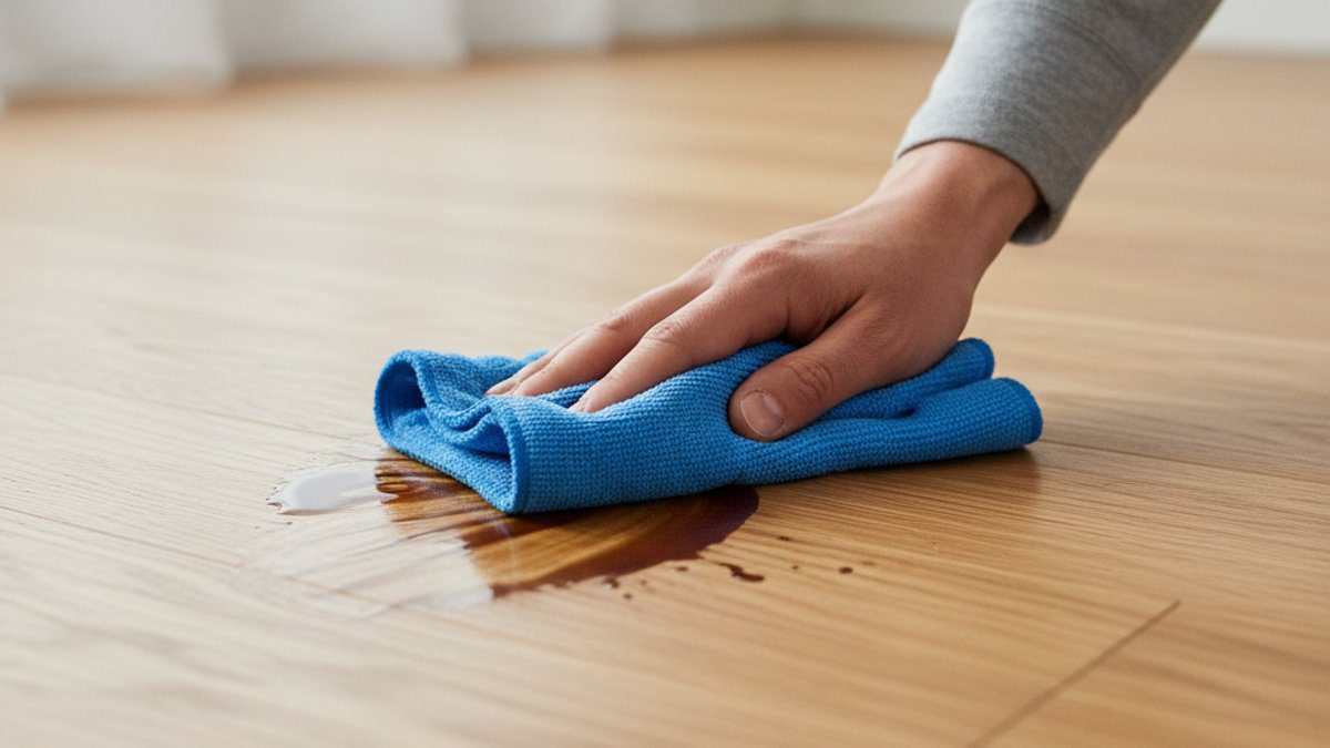 Lau sạch vết đổ trên sàn gỗ bằng khăn microfiber