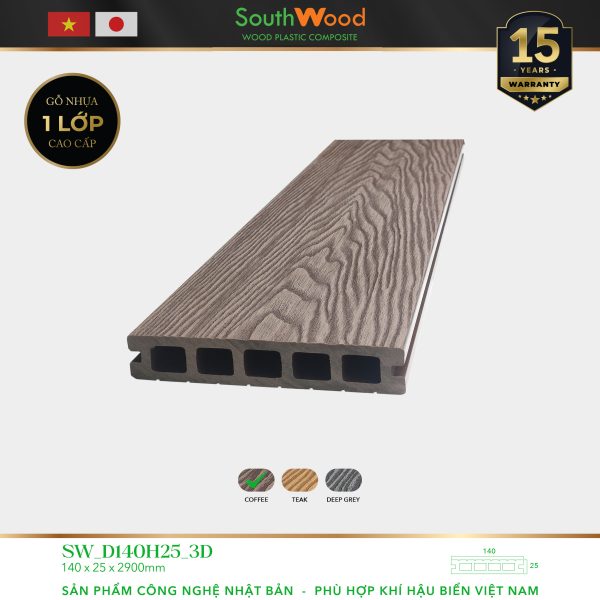 Sàn gỗ ngoài trời South Wood SW-D140H25-3D-Coffee