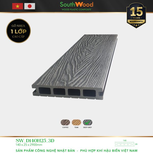 Sàn gỗ ngoài trời South Wood SW-D140H25-3D-Deep Grey