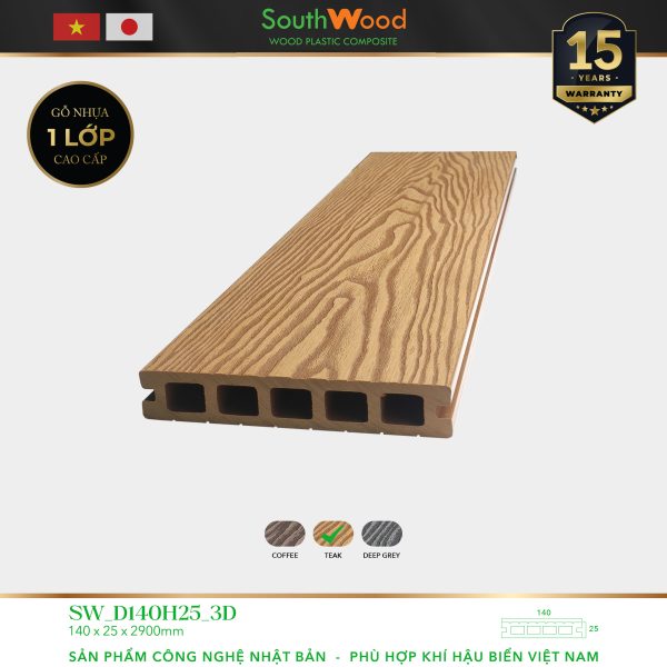 Sàn gỗ ngoài trời South Wood SW-D140H25-3D-Teak