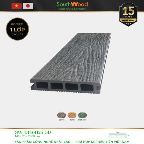 Sàn gỗ ngoài trời South Wood SW-D146H25-3D-Deep Grey