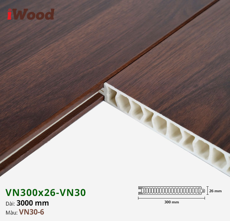 Vách Ngăn Nhựa PVC Vân Gỗ VN300x26 Iwood VN30-6